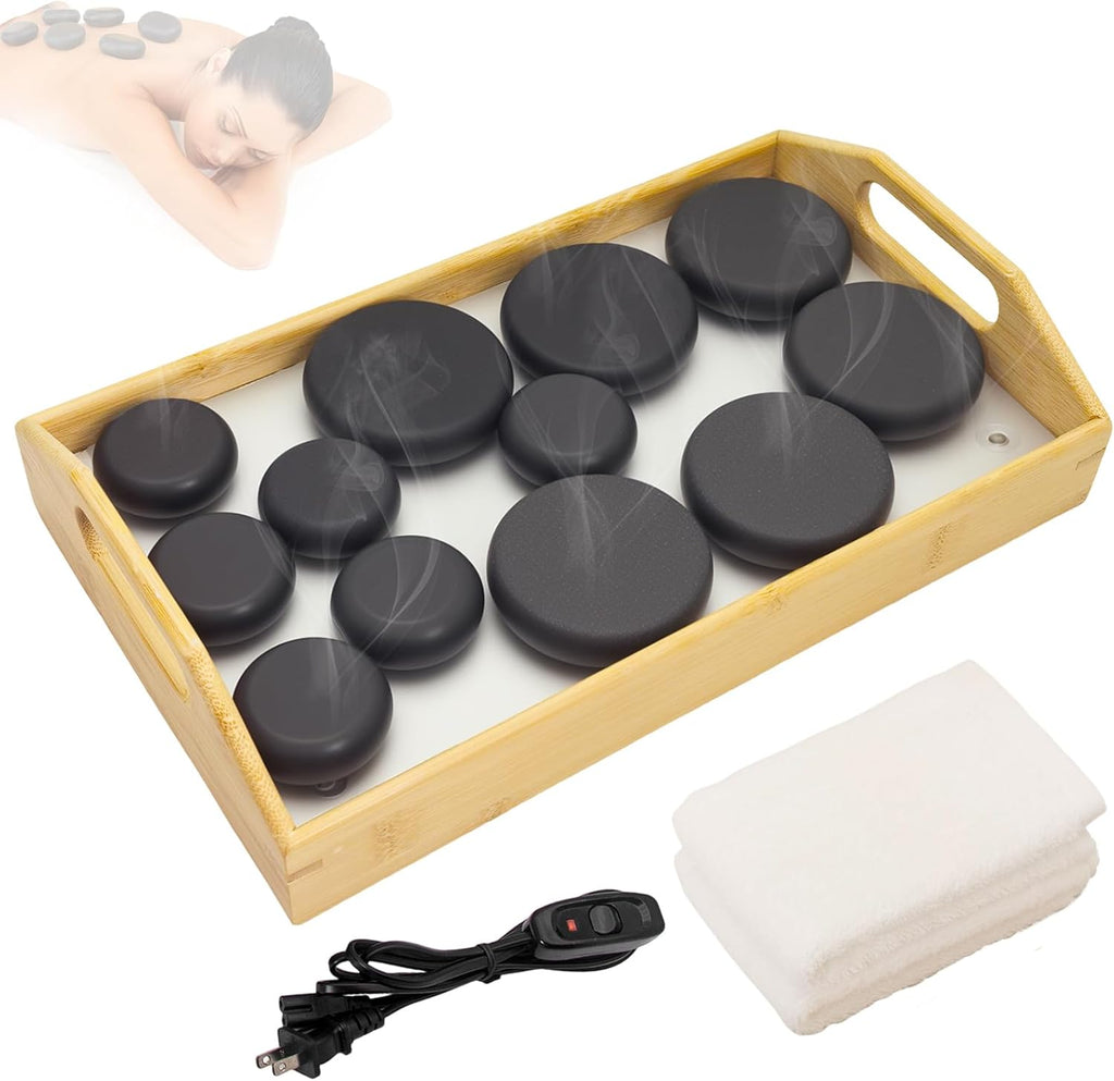 Hot Stones Massage Set with 12 Stones & 2 Towels – Massage Tools for Deep Tissue Pain Relief | Professional Hot Rocks Massage Stones Warmer Kit with Bamboo Heater Box for Home Spa Warming