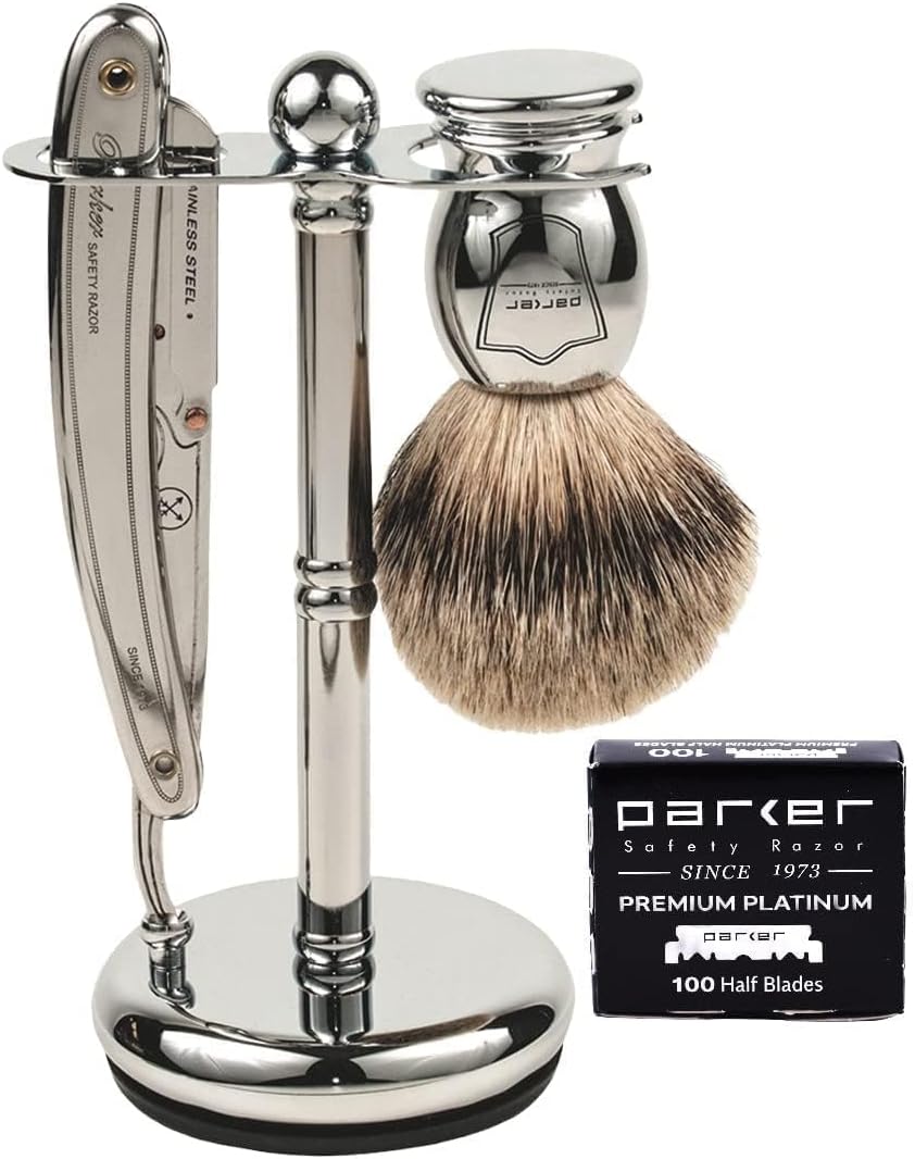 Parker SR1 Classic Straight Razor Set for the Ultimate Wet Shave – Includes 100% Pure Badger Brush, Chrome Stand & 100 Premium Stainless Steel Blades – Barber‑Quality Grooming Kit for Men