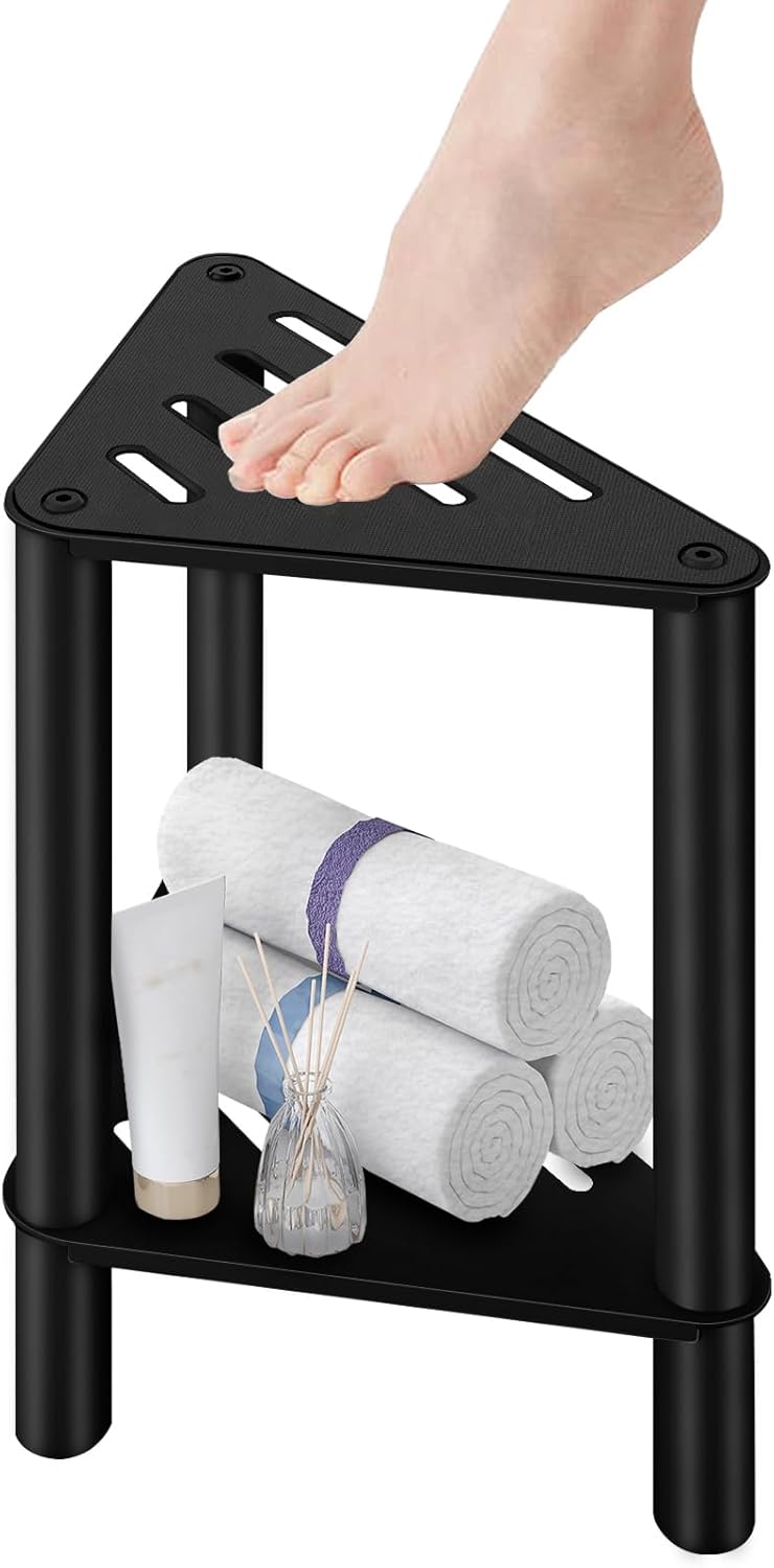 Shower Foot Rest, Shower Stool for Inside Shower, Stainless Steel Waterproof Shower Stool for Shaving Legs - Corner Bathroom Bench Seat with Storage Shelf for Small Shower Spaces