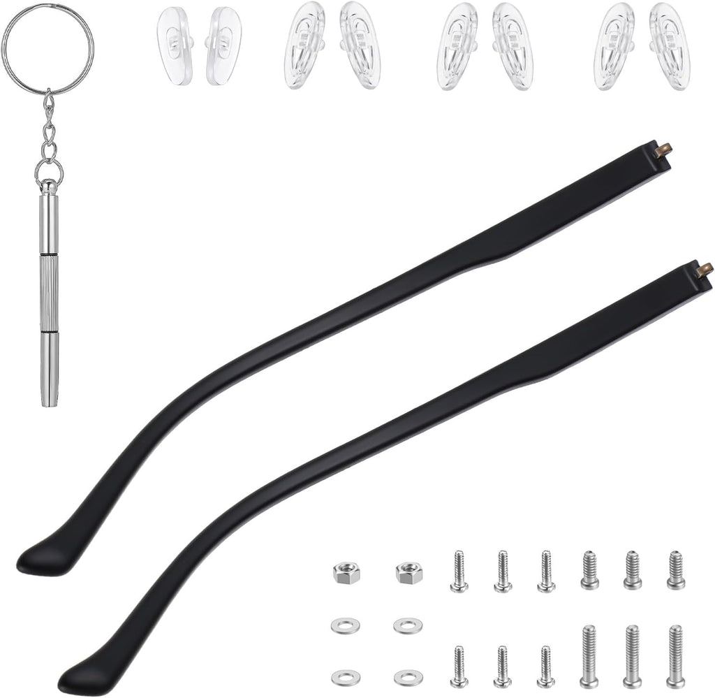 1 Pair Glasses Arm Replacement, Black Eyeglasses Repair Kit with Screws Washers Screwdriver Nose Pads Eyeglass Arms Replacement Temple Arms 6mm for Glass Sunglasses Convex Single Teeth 1.2mm