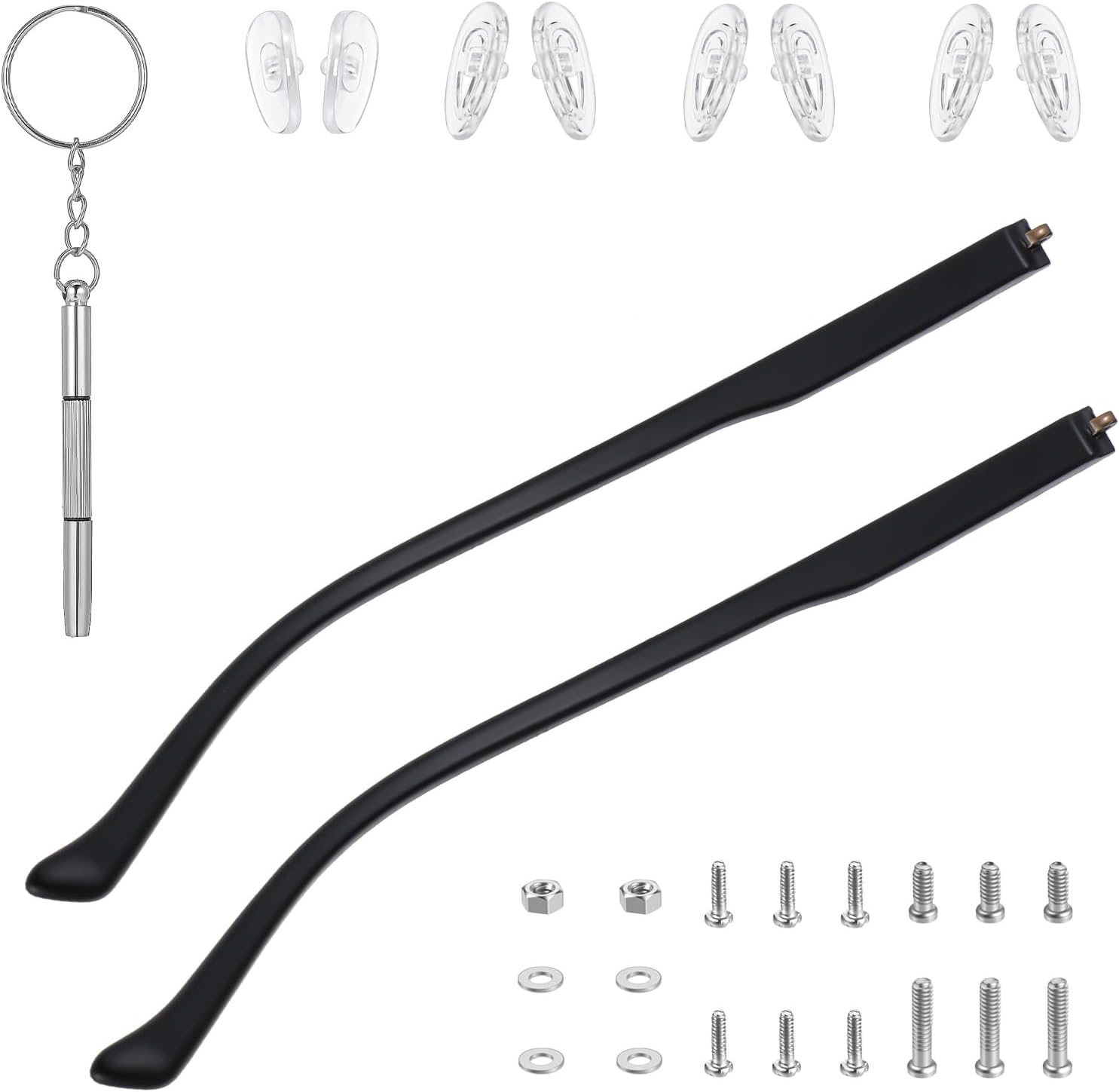 1 Pair Glasses Arm Replacement, Black Eyeglasses Repair Kit with Screws Washers Screwdriver Nose Pads Eyeglass Arms Replacement Temple Arms 6mm for Glass Sunglasses Convex Single Teeth 1.2mm