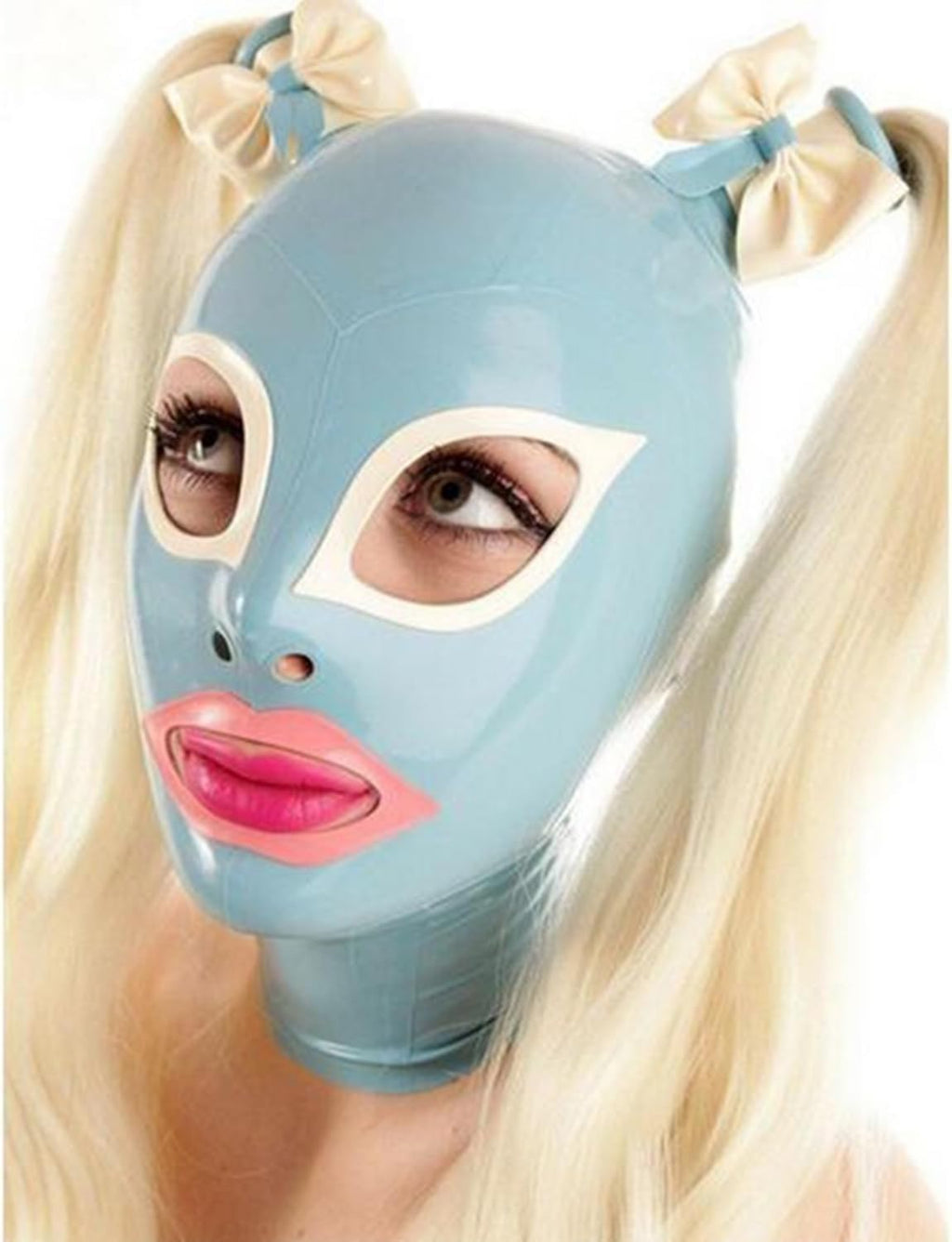Latex Hood Rubber Head Mask with Hair Pieces Wigs Ponytails Back Zipper Handmade for Cosplay Club Wear