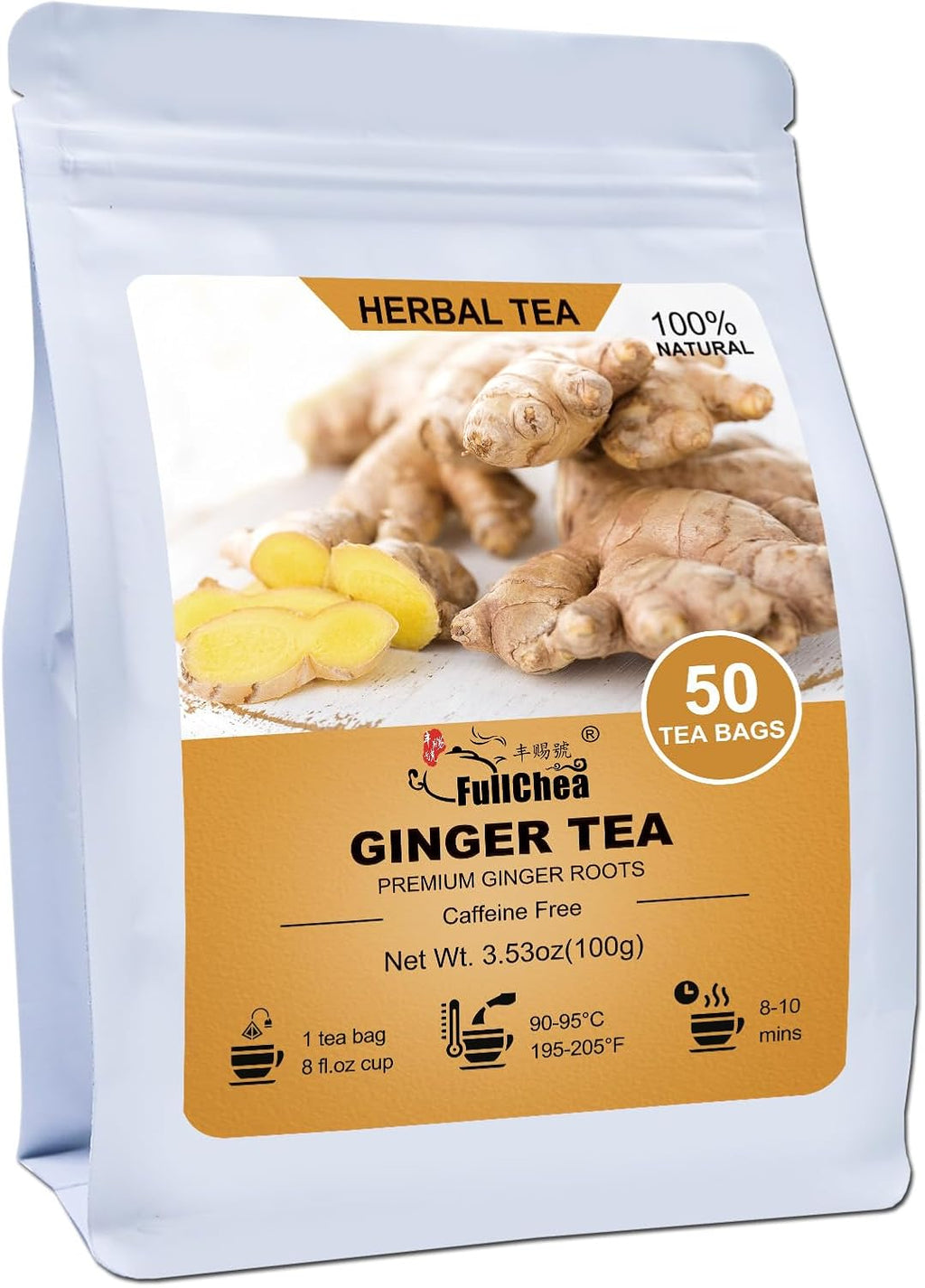 FullChea - Ginger Tea Bags, 2g*50 Teabags - Premium Ginger Root Tea Bag - Warm & Spicy - Non-GMO - Caffeine-free - Support Digestion & Boost Immunity