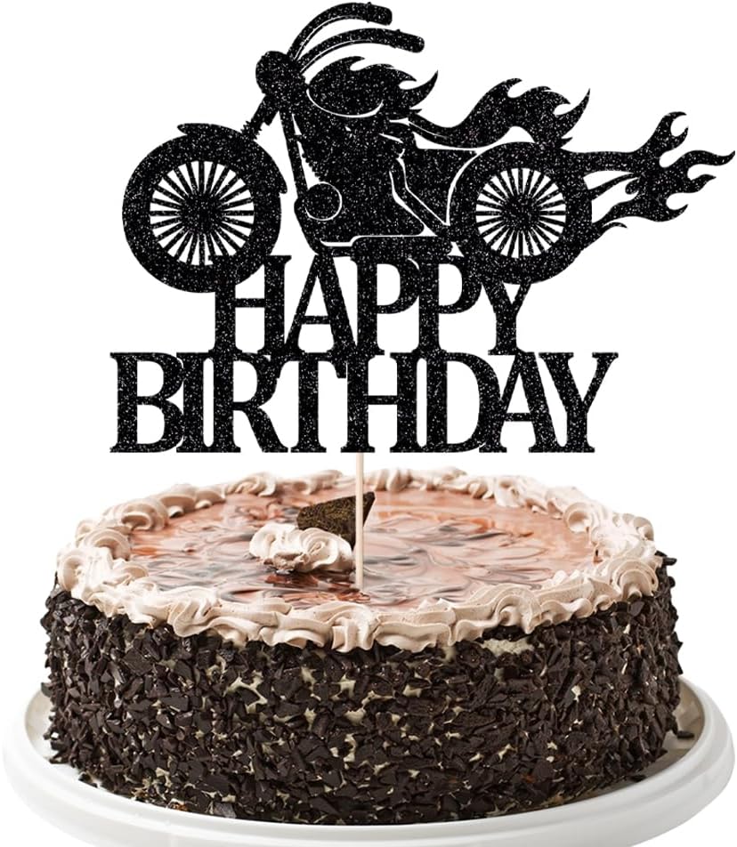 Motorcycle Happy Birthday Cake Topper，Black Flash Cake Pick,Motorcycle Party Decoration Birthday Party Cake Decoration