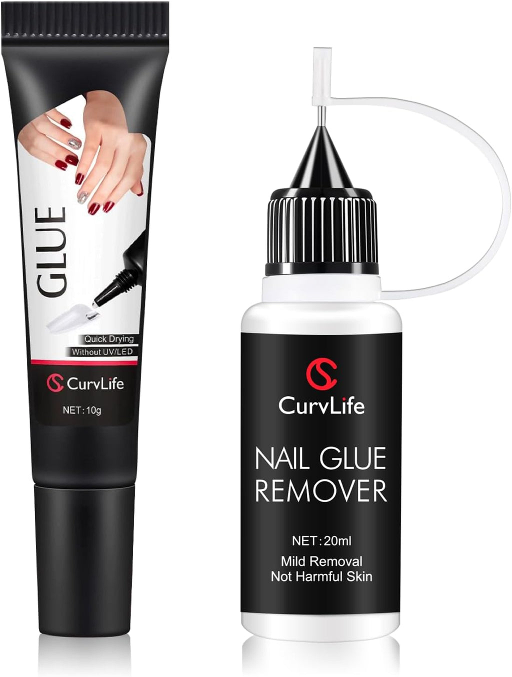 Curvlife 10g Semi-Solid Glue and 20ml Pinpoint Glue Remover Kit - Gel for Press on Nails, Quick Dry No UV Lamp Needed with Gentle Non-Acetone Remover, Fake Nail Tips
