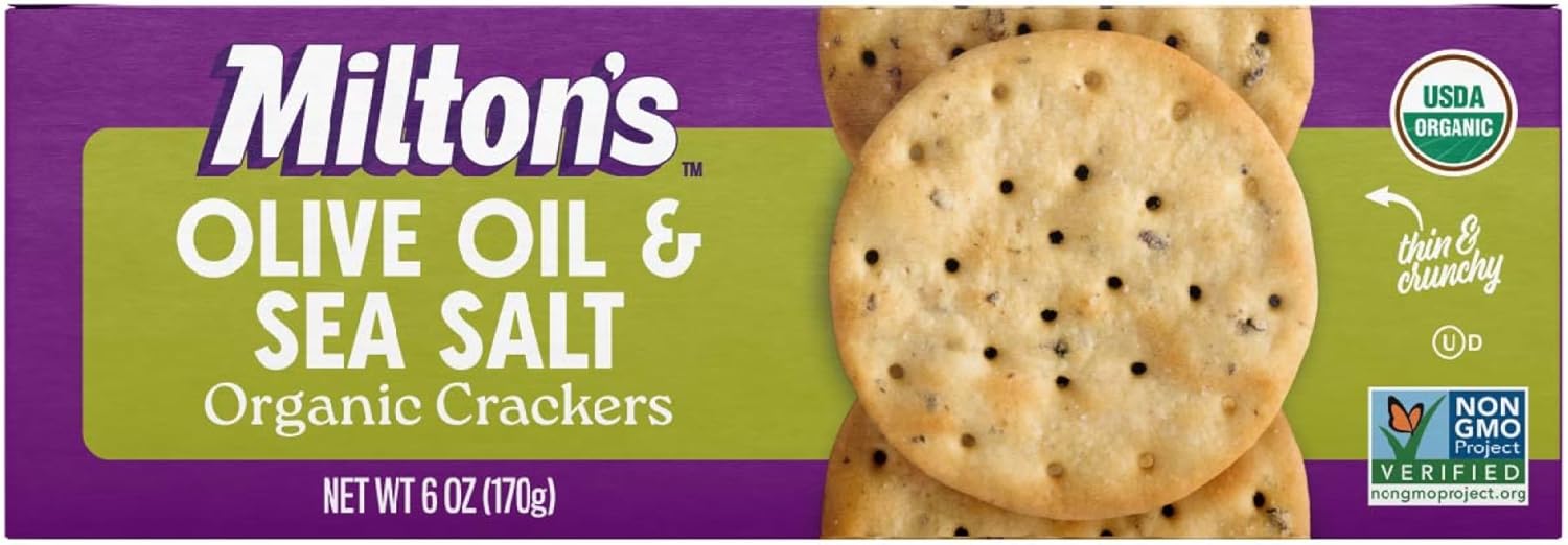 Milton's Organic Crackers, Olive Oil & Sea Salt - Certified Organic, Non-GMO Project Verified, Kosher, Made With Authentic Black Olives, Great for Charcuterie Boards - 6 Oz