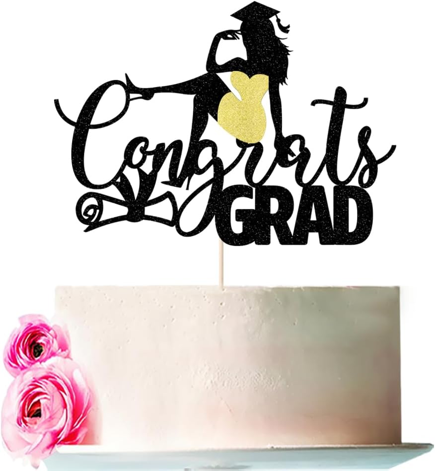 Congrats Grad Cake Topper 2025 Congrats Grad Cake Decor 2025 High School/College/Senior Graduation Party Decorations Supplies (girl, Black and red)