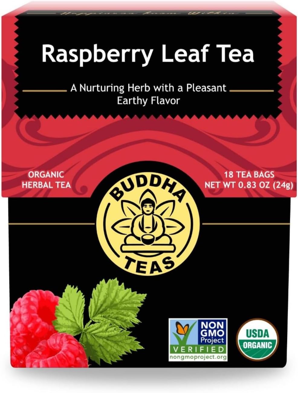 Buddha Teas - Organic Raspberry Leaf Tea - Herbal Tea - For Health & Wellbeing - With Vitamins, Antioxidants & Calcium - Clean Ingredients - Caffeine Free - OU Kosher - 18 Tea Bags (Pack of 1)