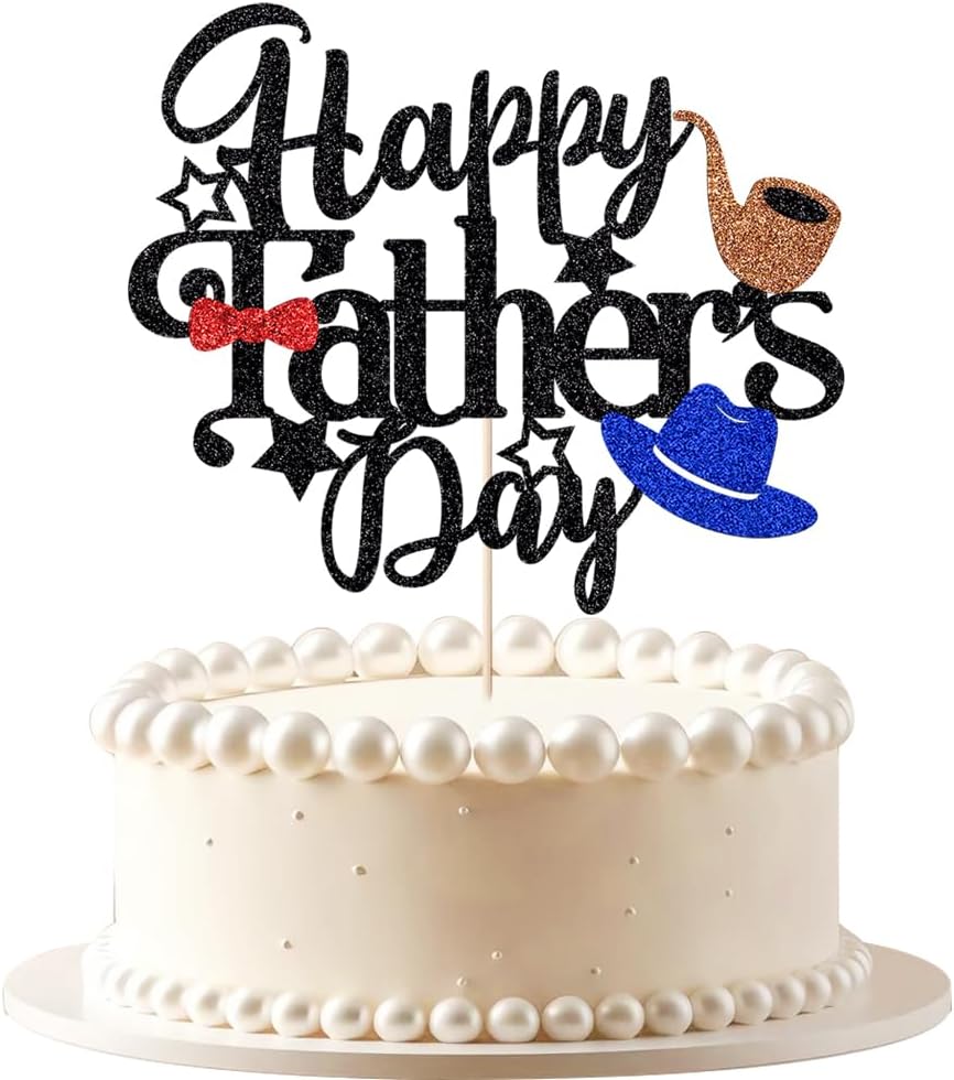 Fathers Day Cake Toppers,Black Glitter Happy Father'S Day Theme Party Supplies,Blue Hat Red tie Brown pipe dad Birthday Party Cake Supplies