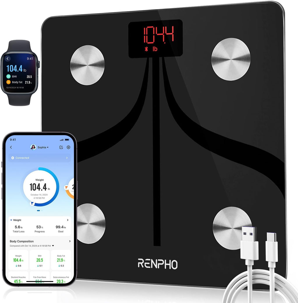 RENPHO Smart Scale for Body Weight, Type-C Rechargeable Digital Bathroom Scale, Electronic 13 Body Composition Monitor with Smartphone App, 400 lbs, Black, Elis 1 (11 inch)