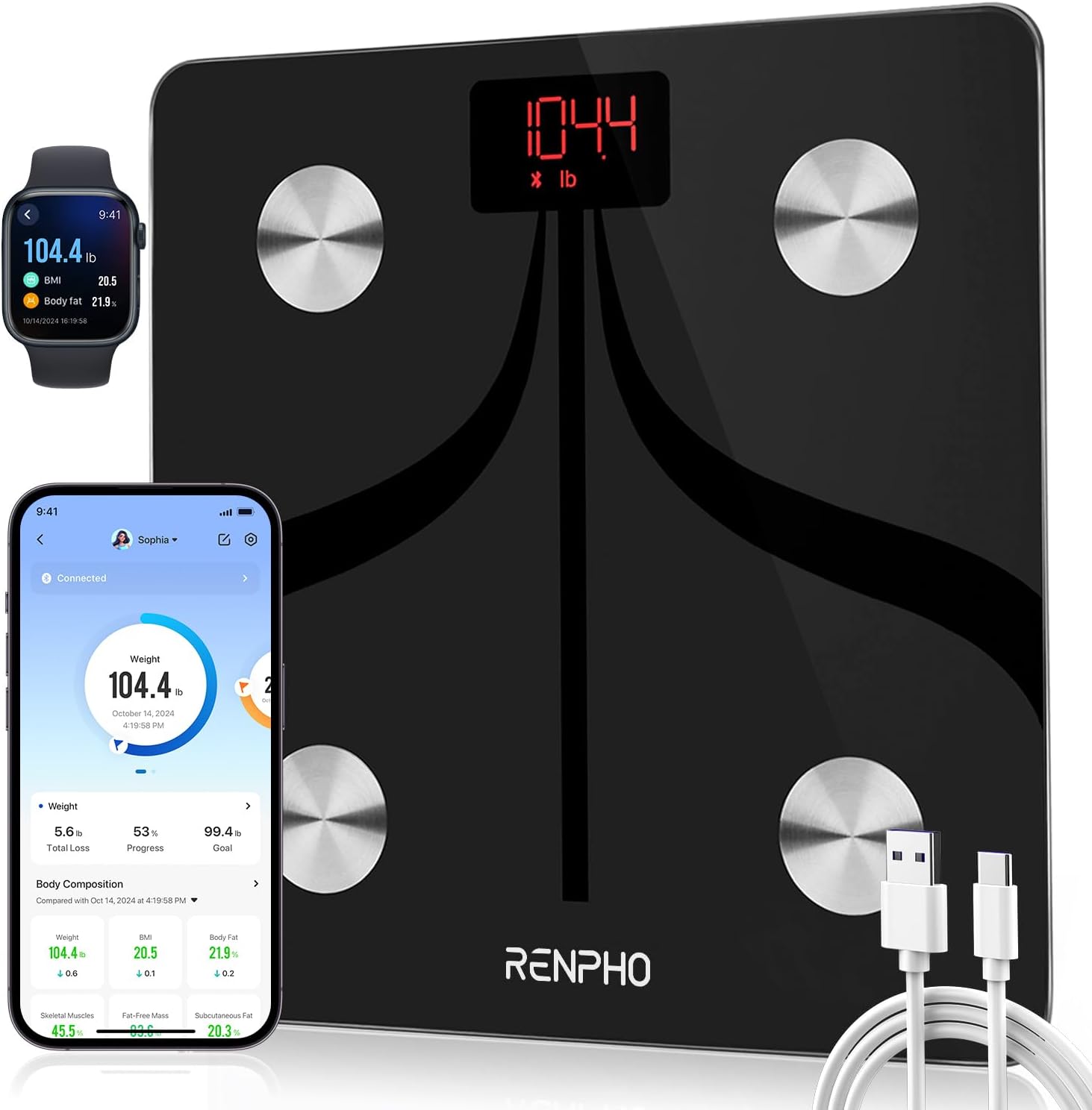 RENPHO Smart Scale for Body Weight, Type-C Rechargeable Digital Bathroom Scale, Electronic 13 Body Composition Monitor with Smartphone App, 400 lbs, Black, Elis 1 (11 inch)