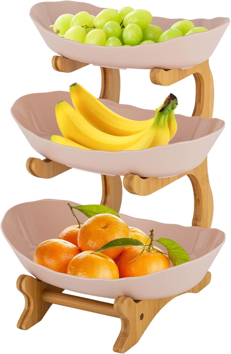 3 Tier Fruit Bowl Basket, Plastic Oval Bowl Set for Fruit&Snack, Fruit Holder with Bamboo Wood Stand, Server Tray Fruit Basket for Fruit Vegetable Storage (Pink)