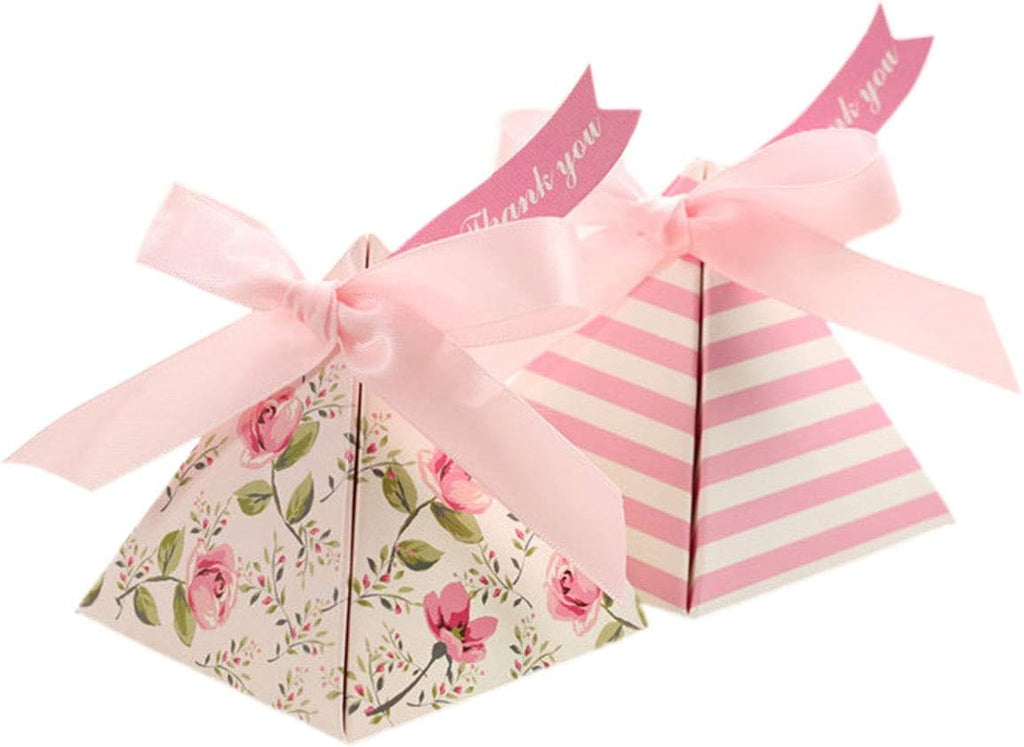 Toyvian 25 Pack Triangle Wedding Gift Boxes Double-sided Printing Flower Paper Candy Box for Wedding Party Favors (Pink)