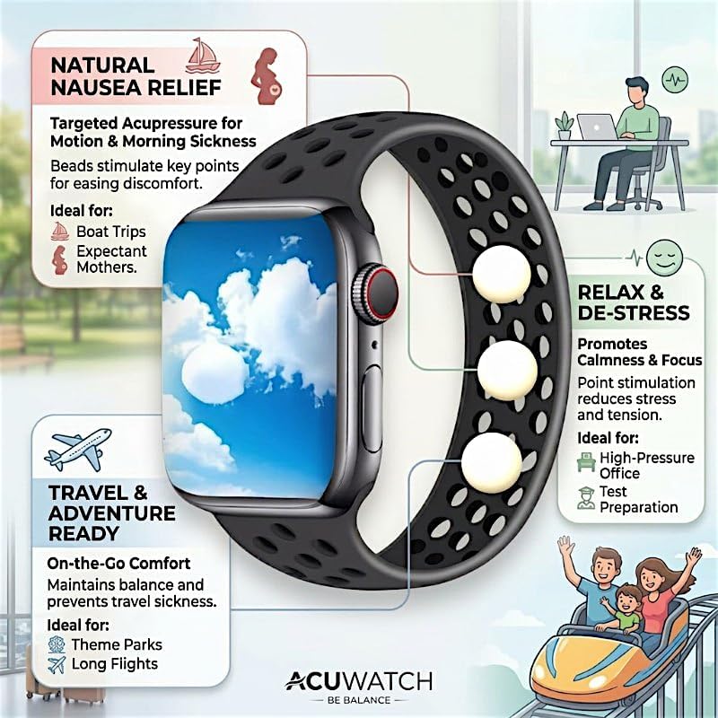 Acupressure Watch Band for Stress, Focus, Motion Relief & Sleep – Waterproof Silicone Solo Loop – Natural Calming Support – Apple Watch Compatible Wristband (M 38/41)