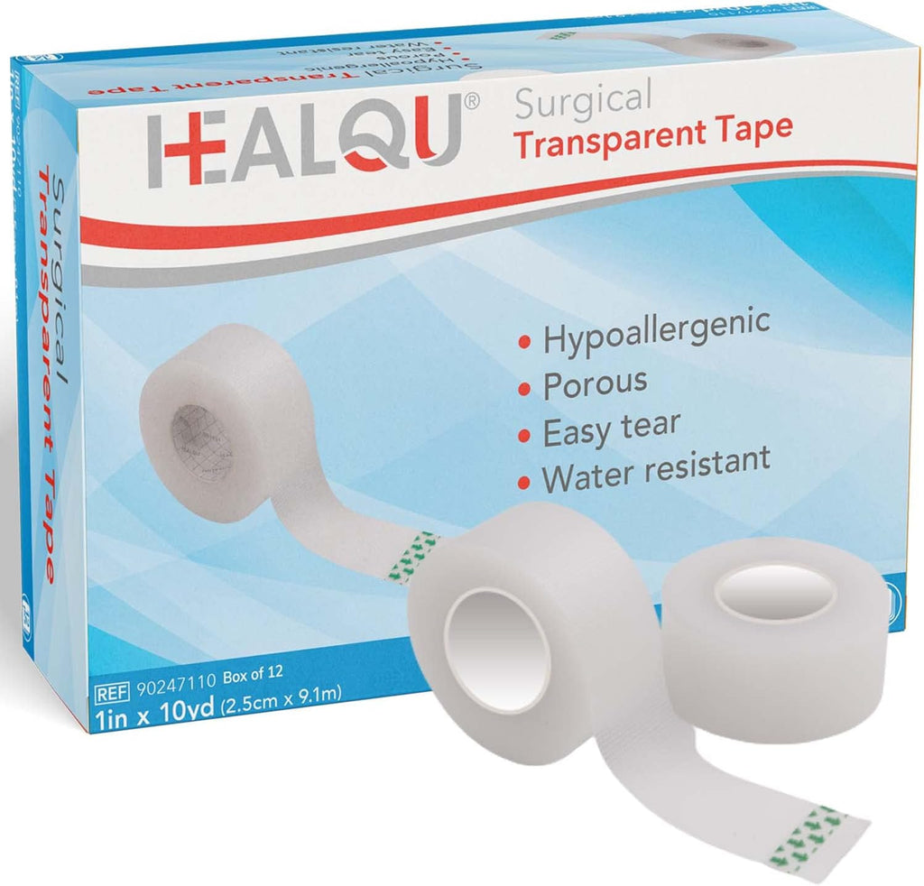 HEALQU Transparent Medical Tape - Box of 12 Rolls, 1" x 10yd Surgical Tape with Gentle Adhesion for Sensitive Skin for Wound Care,Tubing, First Aid Supplies - Breathable, Microporous Tape