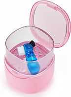 Partial Denture Case Leak Proof with Strainer Basket and Brush, Waterproof Denture Cup Retainer Cleaning Bath Case Travel for Dentures, Braces, Night Guard - Pink
