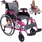 Aluminum Alloy Transport Wheelchair, Ultra-Light Foldable Wheelchair, Portable Self-Propelled Wheelchair, Aluminum Sports Manual Drive Wheelchair, Can Carry 100KG Walker,Pink
