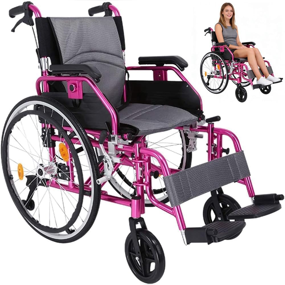 Aluminum Alloy Transport Wheelchair, Ultra-Light Foldable Wheelchair, Portable Self-Propelled Wheelchair, Aluminum Sports Manual Drive Wheelchair, Can Carry 100KG Walker,Pink