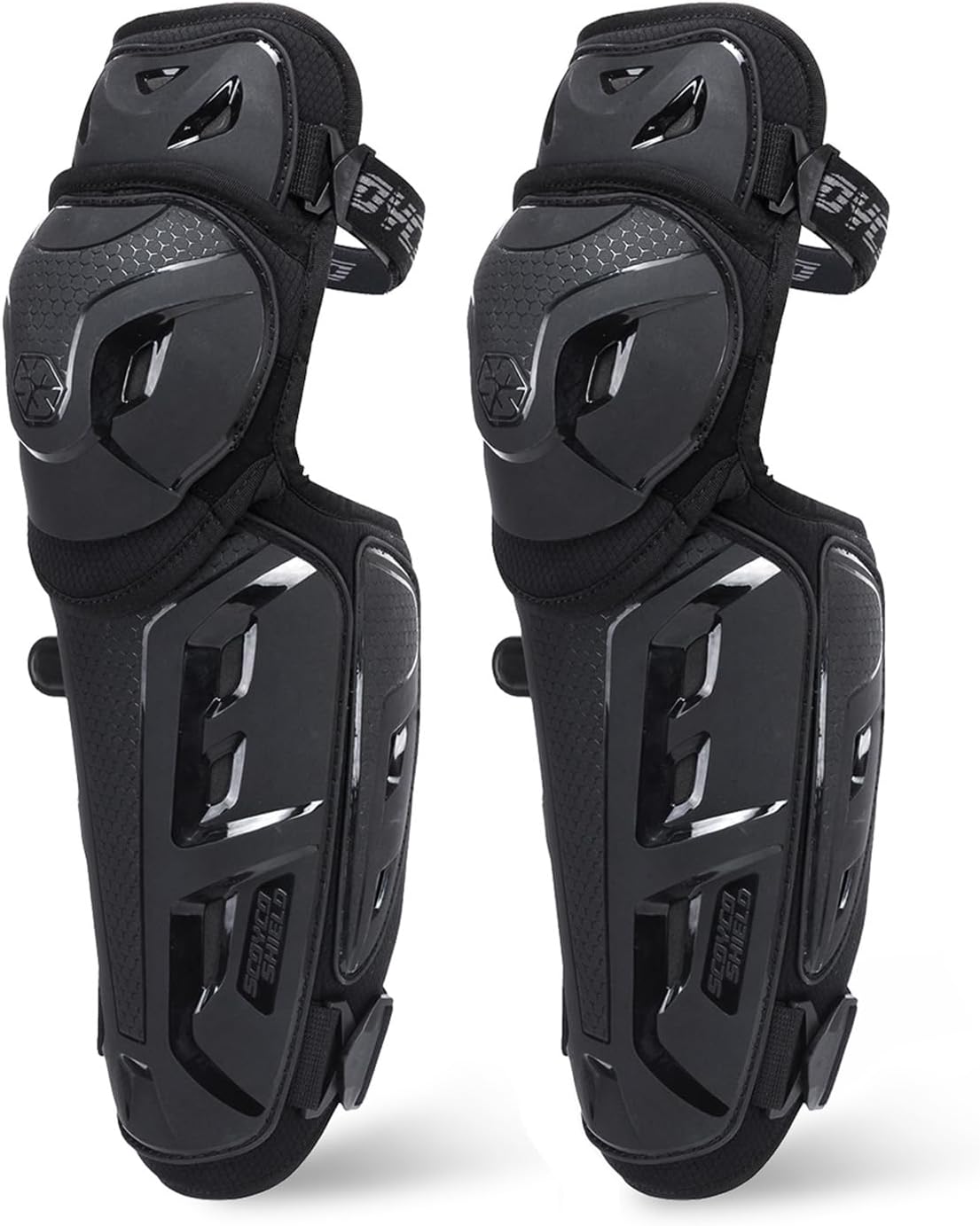 SCOYCO Motorcycle Knee Pads for Men - CE Level 1 Motocross Knee Shin Guards Protective Gear with 45°-180° Knee Flexibility Design and Adjustable Elastic Bands