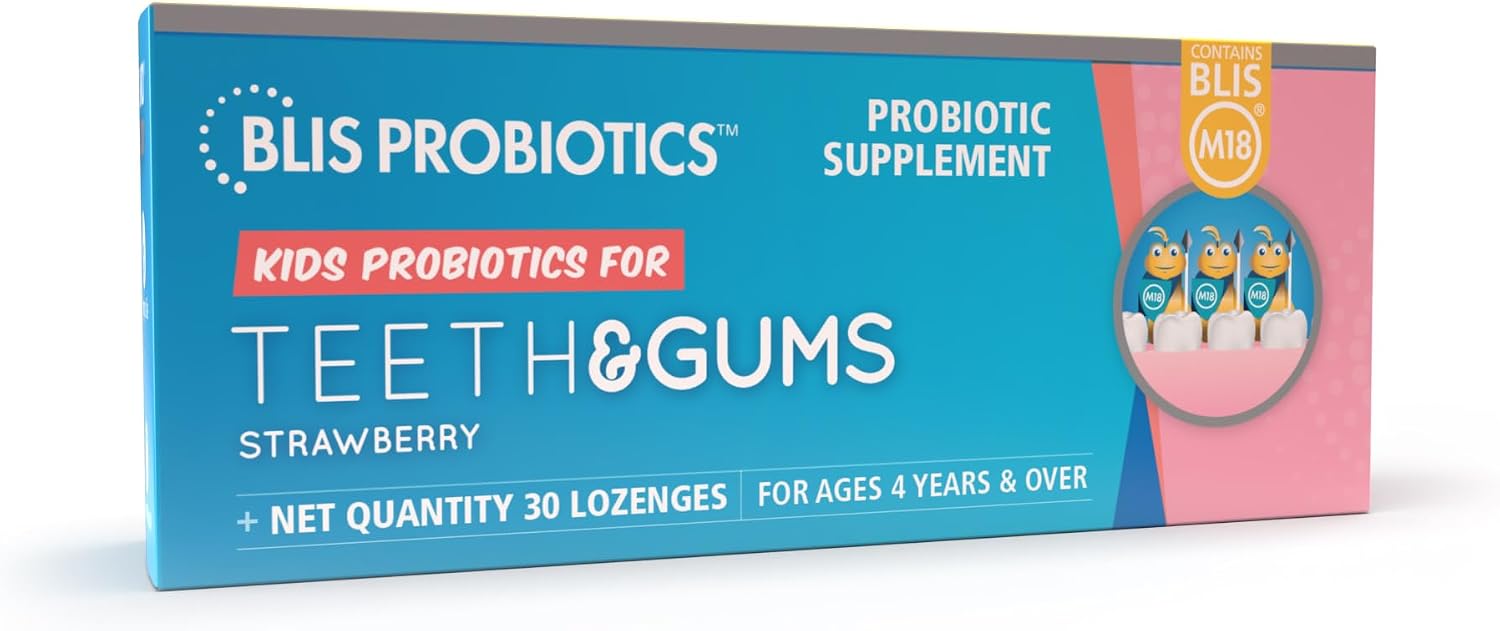 BLIS Kids Teeth & Gums Oral Probiotics - Supports Healthy Teeth & Gums, Strawberry - 30 Lozenges