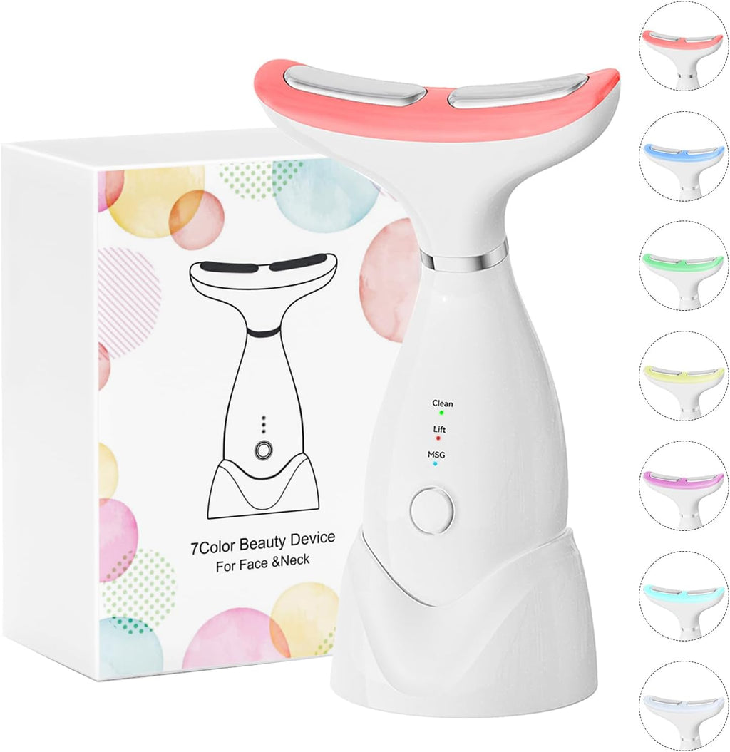 Facial and Neck Massager,7 Color LED Light Therapy for Face,Face Lift Device,Beauty Face Massager Tools for Skin Care (White)