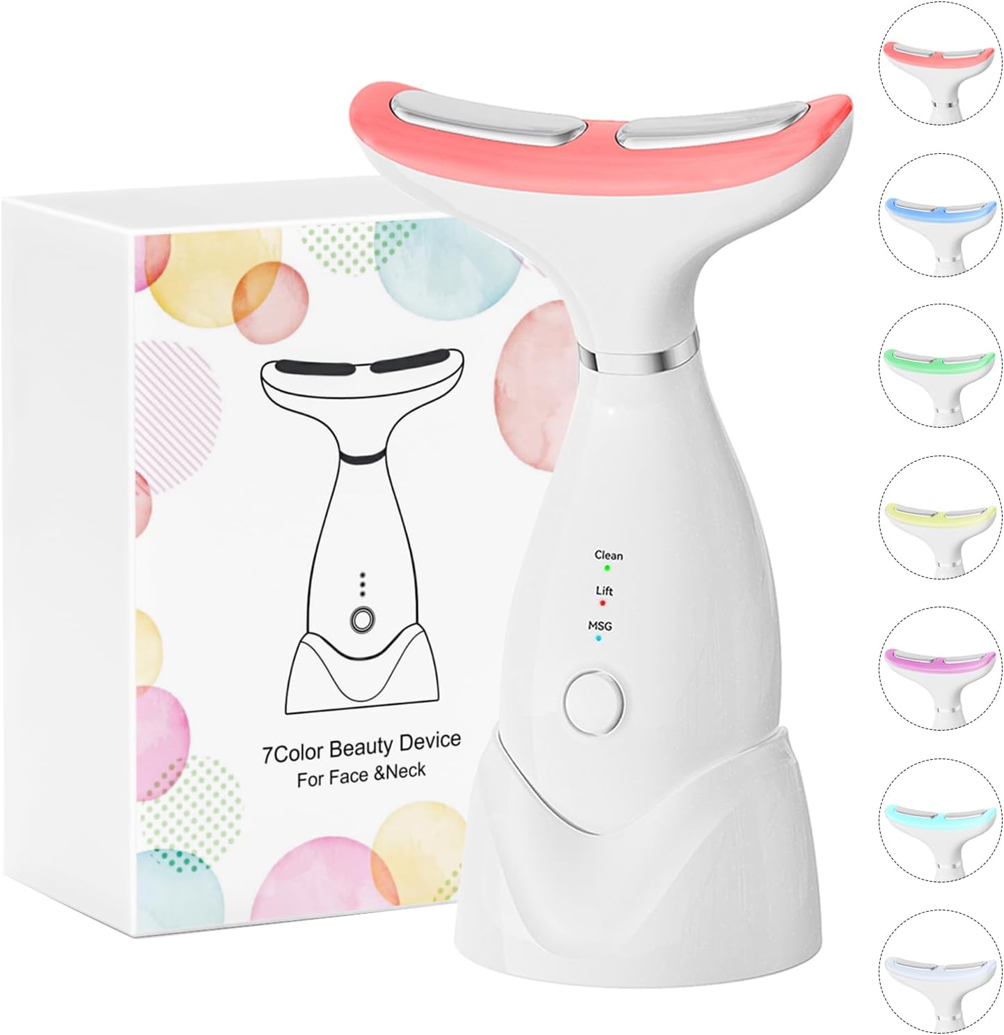 Facial and Neck Massager,7 Color LED Light Therapy for Face,Face Lift Device,Beauty Face Massager Tools for Skin Care (White)