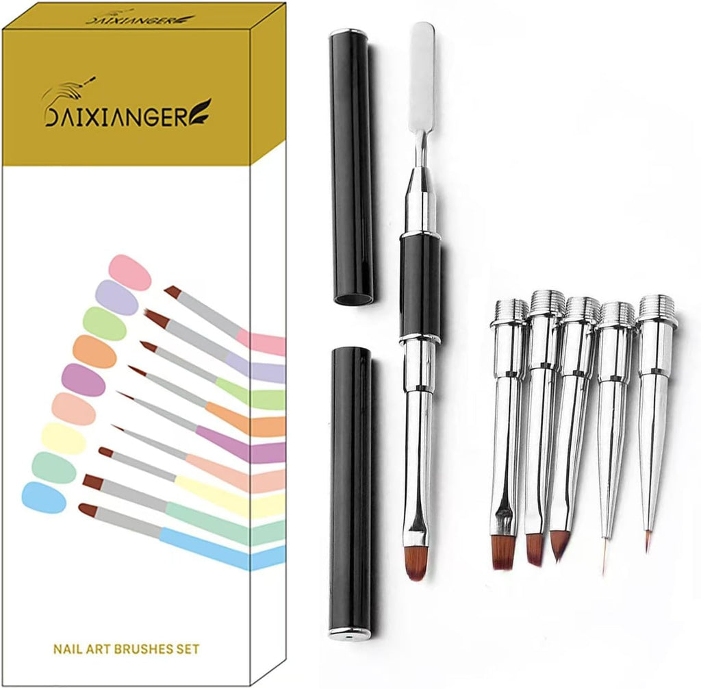 7-in-1 Nail Art Brush Set - Dual-Ended Stainless Steel Nail Tool with Spatula & Replaceable Brush Heads, Professional Acrylic & Gel Nail Brushes for Carving, Liner, Detail & Salon Manicure