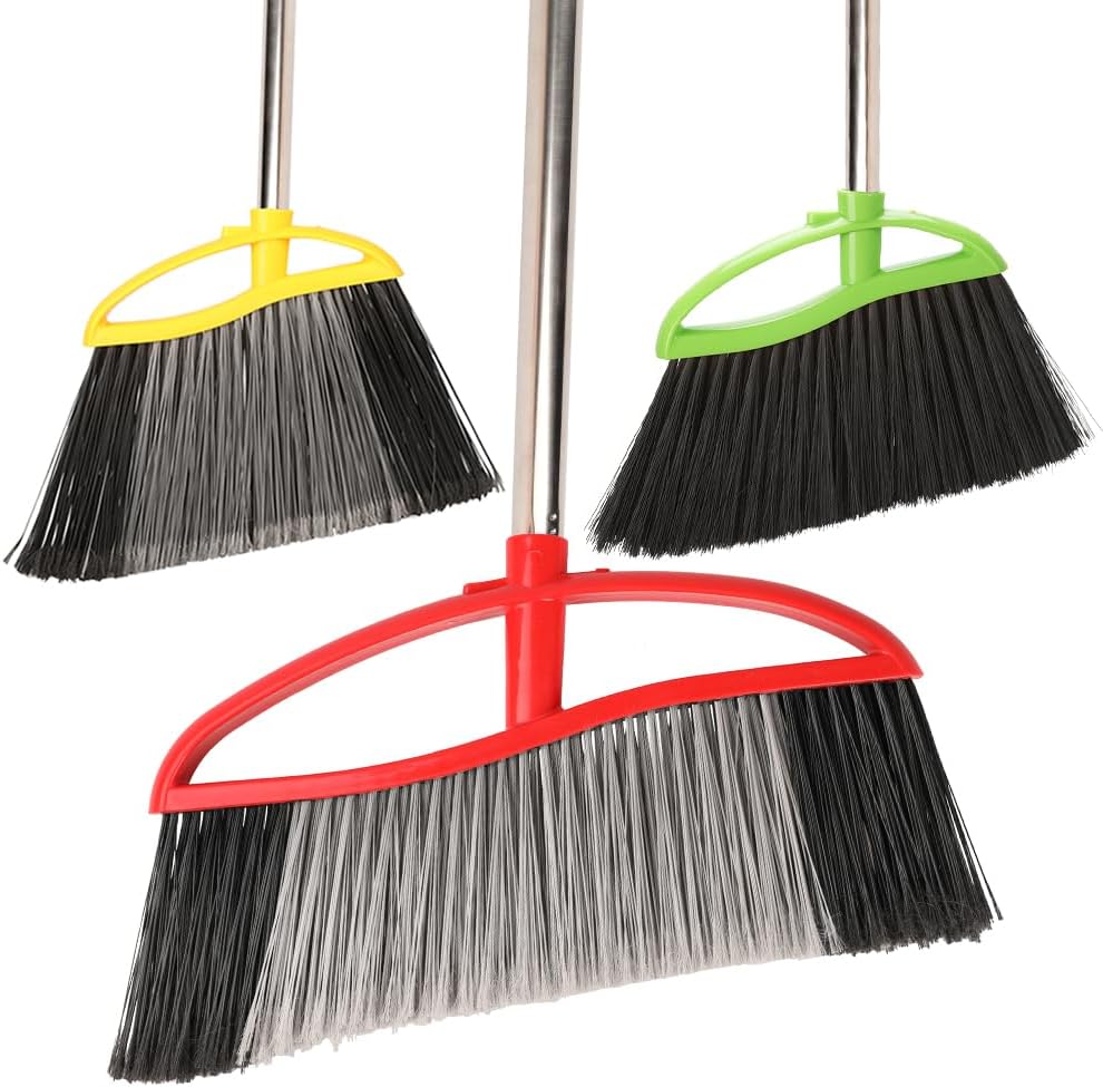 3-Pack Indoor Outdoor Broom Set with Soft & Stiff Bristles, Heavy Duty Sweeping Angle Broom for Corners, Long Handle for Garage, Warehouse, Concrete & Tile Floors