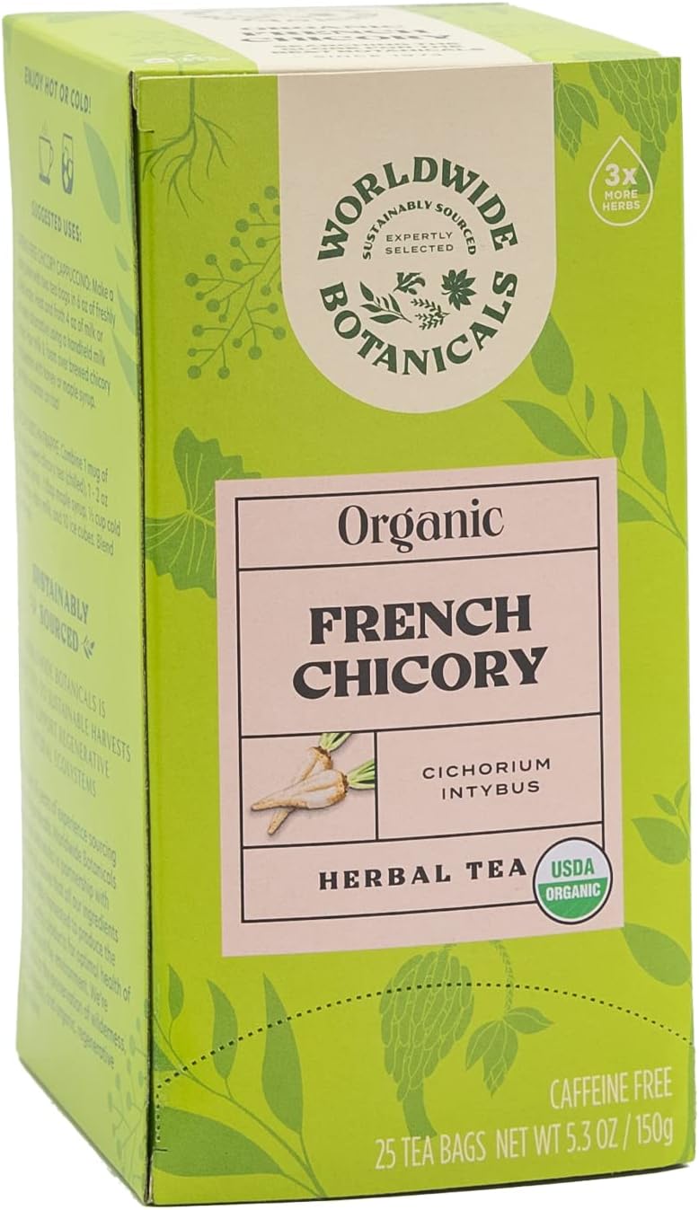Worldwide Botanicals Organic French Chicory Root Tea, 25 Tea Bags - 3x herbs with 6g per teabag - Prebiotic, Roasted - Acid Free, Caffeine Free, Kosher