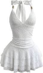 Milumia Women's Lace Halter Mini Dress Beaded Tie Back Layered Ruffle Hem Sexy Going Out Dresses
