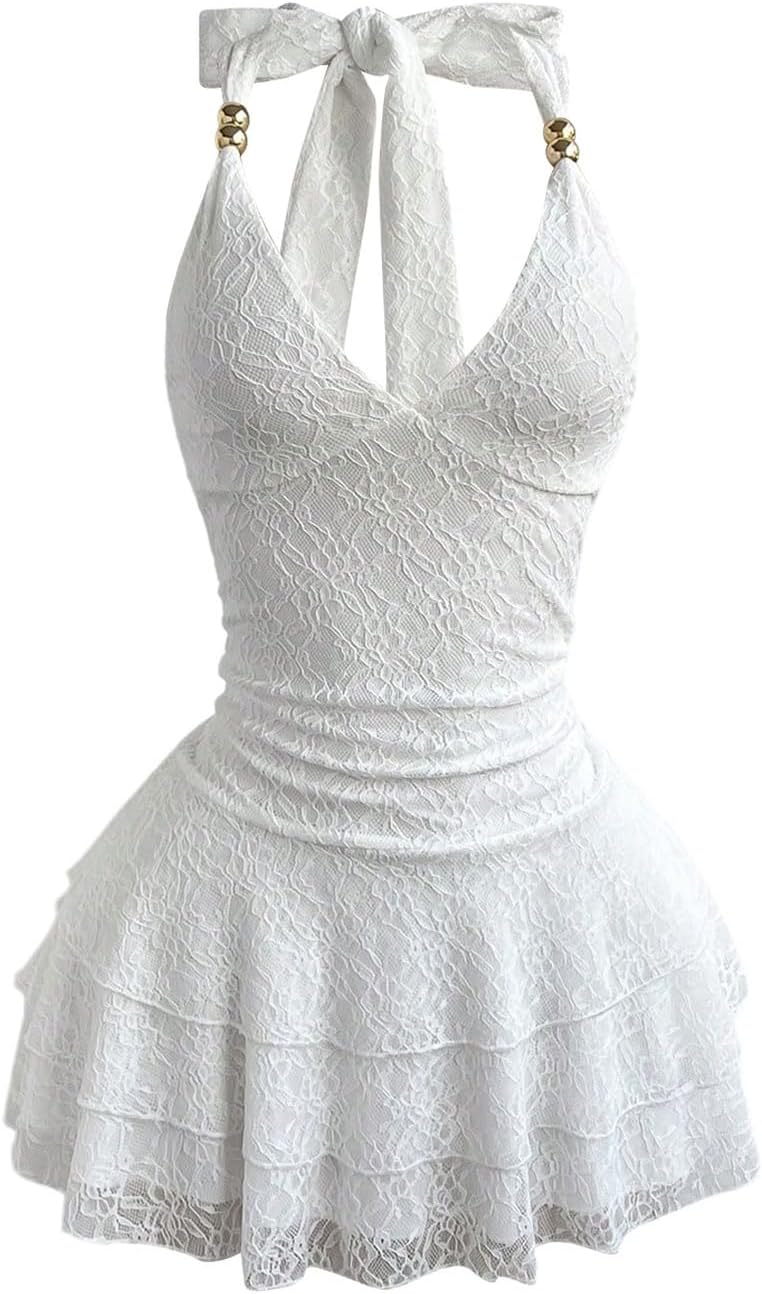 Milumia Women's Lace Halter Mini Dress Beaded Tie Back Layered Ruffle Hem Sexy Going Out Dresses