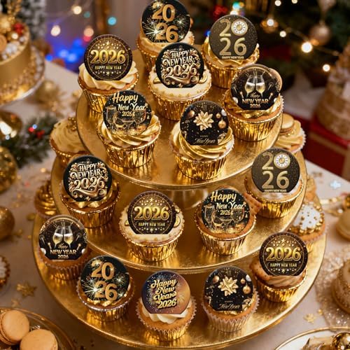 36PCS Edible 2026 Happy New Year Cupcake Toppers Wafer Paper Hello 2026 Cupcake Picks Black Gold 2026 Cake Toppers for Holiday New Year Theme Party Decor Supplies (Pattern 1)