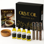 Infused Olive Oil Gift Set – Variety Pack - 4 Flavored Olive Oil Extra Virgin, 3 Spice Flavorful Infusion Blends, Bread Dipping Bowl & Recipe Booklet - Set of 8 – Gourmet Cooking Gifts for Women - Valentine Gifts