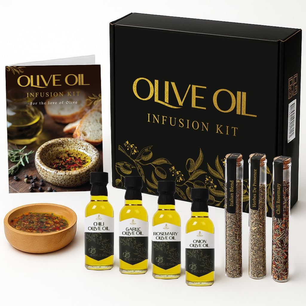Infused Olive Oil Gift Set – Variety Pack - 4 Flavored Olive Oil Extra Virgin, 3 Spice Flavorful Infusion Blends, Bread Dipping Bowl & Recipe Booklet - Set of 8 – Gourmet Cooking Gifts for Women - Valentine Gifts