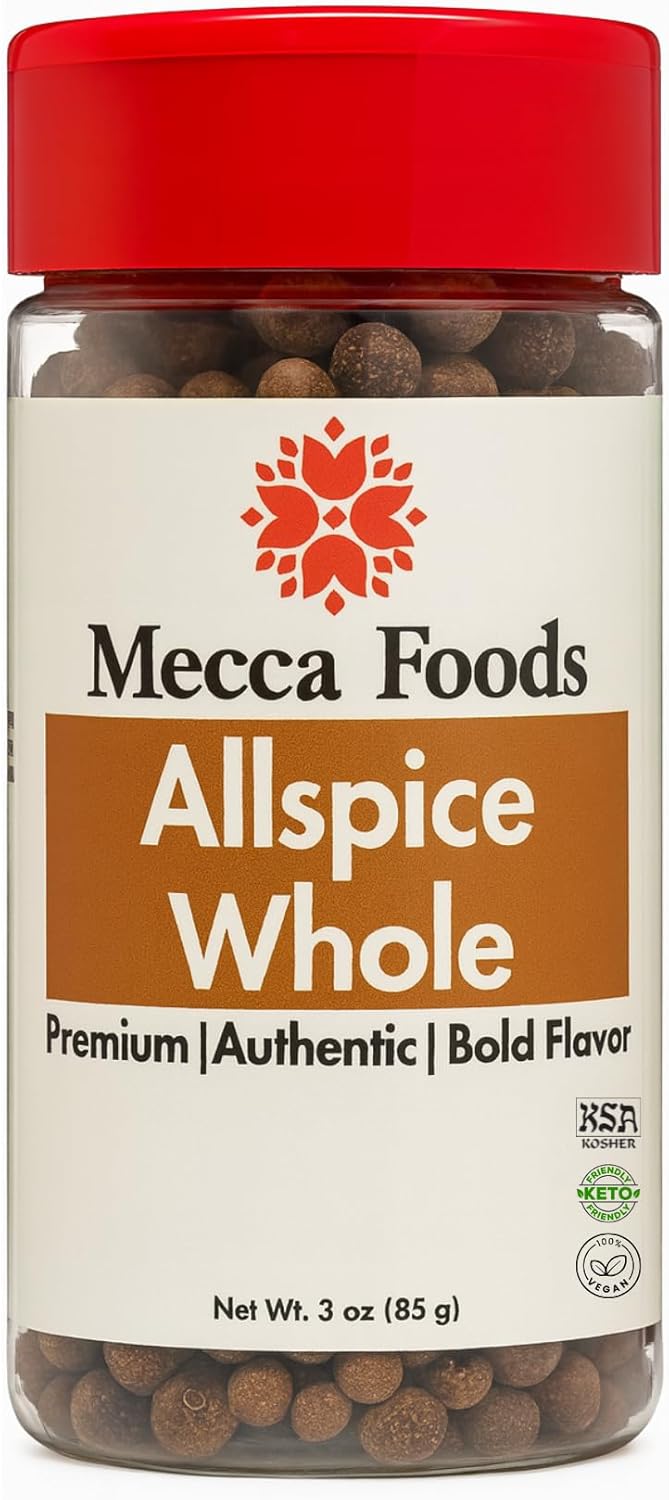 Whole Allspice Berries – Premium Grade Pimento Spice, Non-GMO, Ideal for Baking, Pickling & Jamaican Jerk Recipes – 3 oz PET Jar by Mecca Foods