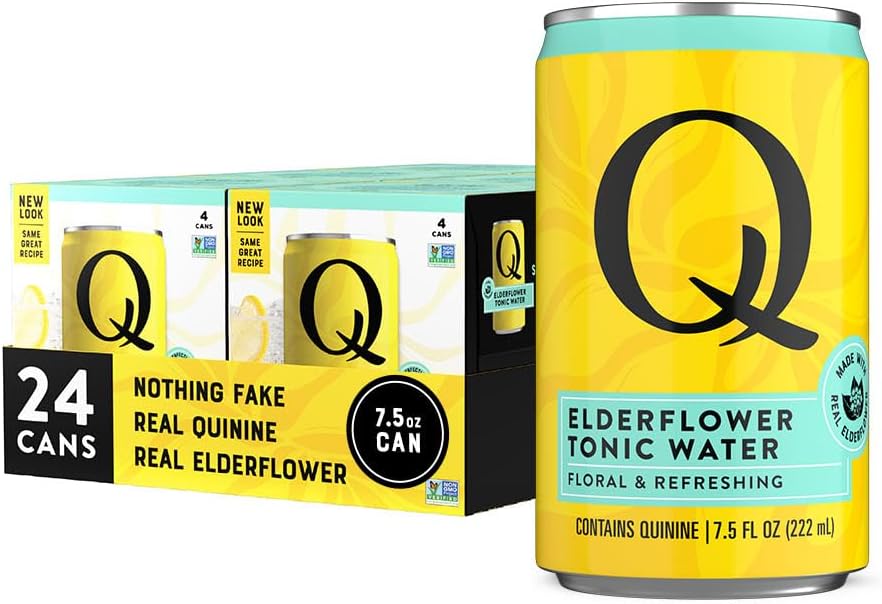 Q ELDERFLOWER TONIC WATER with Real Quinine & Organic Agave - Cocktails & Mocktails - Made with Real Ingredients, Perfectly Carbonated, & Less Sweet - 45 Calories per Can - 7.5 Fl oz (Pack of 24)