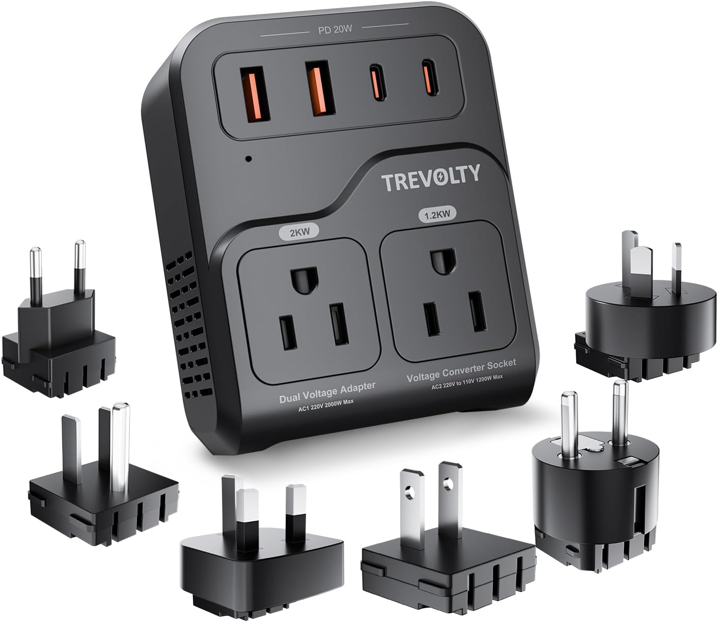 2000W Voltage Converter US to Europe, 220V to 110V Converter for Hair Dryer, 7-in-1 European Travel Plug Adapter with 3AC/2USB-A/2USB-C (PD20W), Travel Essentials (Black) (Black)