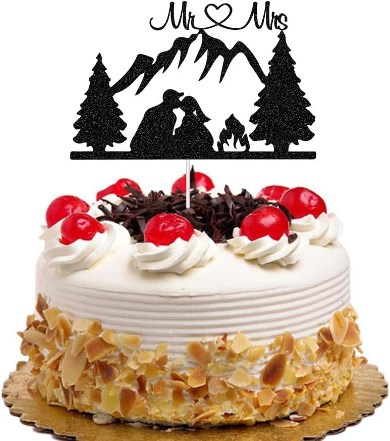 Mountain Wedding Cake Topper - Outdoors Romantic Hiking Mr & Mrs Cake Decor, Groom Kissing Bride, Forest Theme Wedding Party Decorations Black Glitter