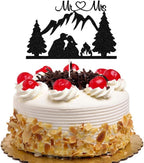 Mountain Wedding Cake Topper - Outdoors Romantic Hiking Mr & Mrs Cake Decor, Groom Kissing Bride, Forest Theme Wedding Party Decorations Black Glitter
