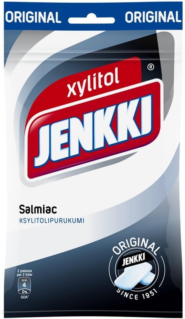 Leaf Jenkki Original Salmiak Salmiac Xylitol Finnish Chewing Bubble Gum Bag 100g.