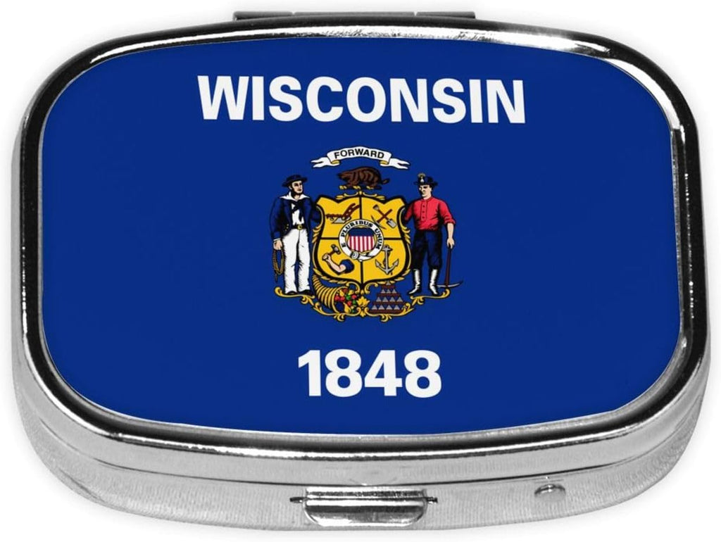 Wisconsin State Flag Square Pill Box with Full Print Design - Portable Metal Travel Case for Vitamins & Medication, 2.2x1.6x0.7 Inch.