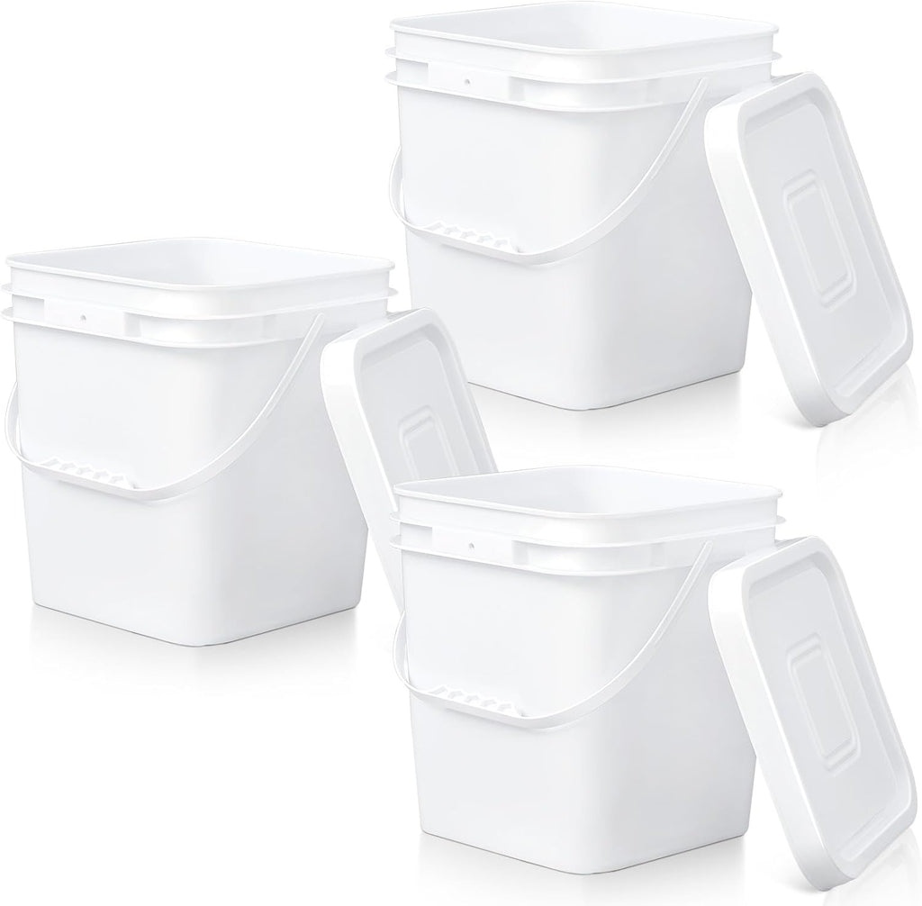 Mumufy 3 Pcs 3.5 Gallon Square Food Grade Bucket with Lid Square Bucket Pail Plastic Handles for Long Term Food Storage, Camping, Fishing, Home Organization Easy Stack and Store (White)