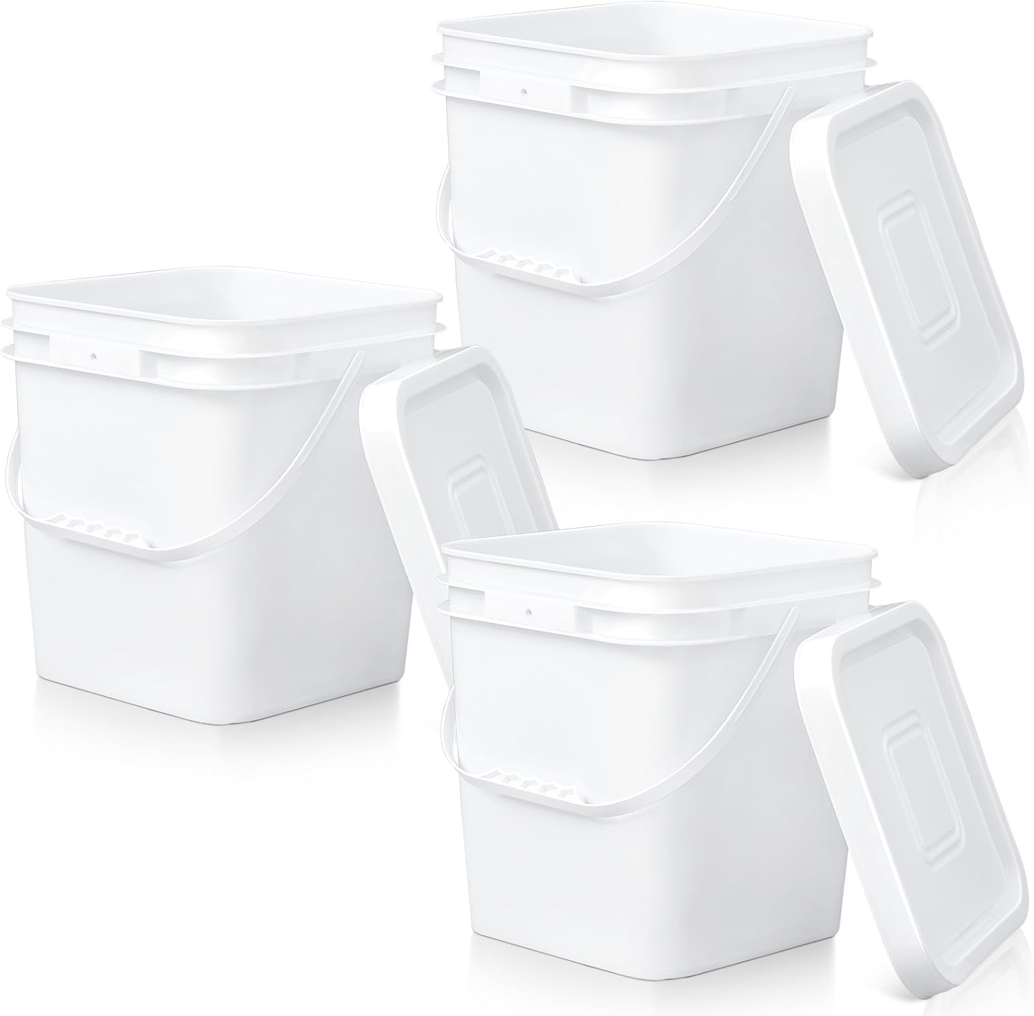 Mumufy 3 Pcs 3.5 Gallon Square Food Grade Bucket with Lid Square Bucket Pail Plastic Handles for Long Term Food Storage, Camping, Fishing, Home Organization Easy Stack and Store (White)