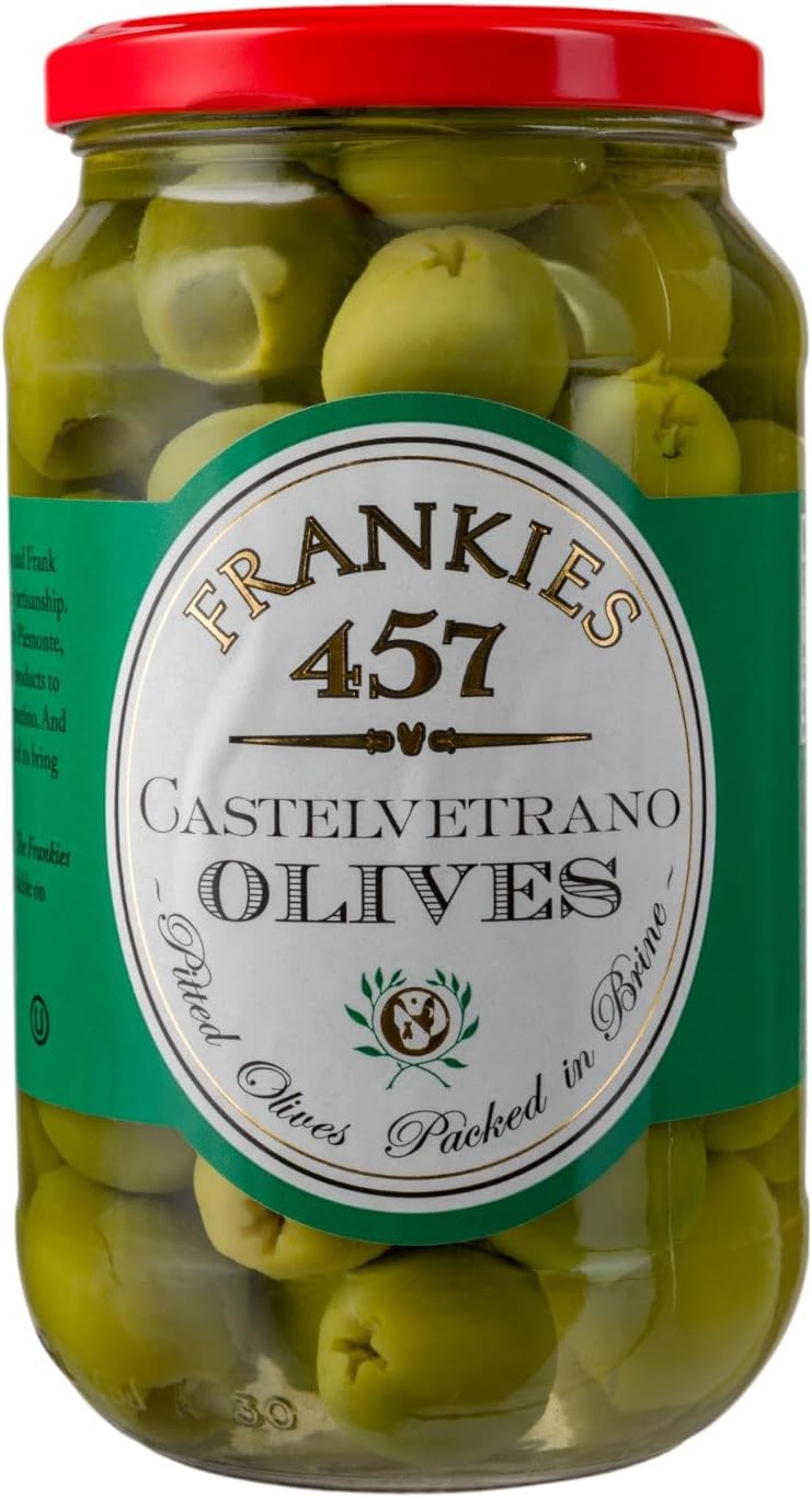 Frankies 457 Pitted Castelvetrano Olives - Authentic Sicilian - Premium Handpicked - Snacking-Aperitif-Cooking-Baking-Heart-Healthy-Product Of Italy - Great For Every Occasion - 19 oz Jar
