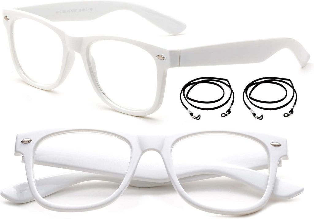 2 Pairs Vintage Retro Reading Glasses White Square Frame for Men and Women Classic Design Reading Glasses 3.00 with Landyard