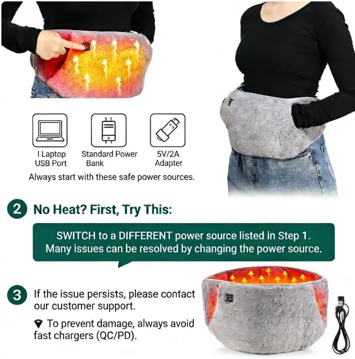 3-in-1 Heating Waist Belt: Heating Pad for Back Comfort & Warmth + Portable Hand Warmer, USB Powered (Power Bank Not Included), 3-Temp Adjustable Heat Wrap for Women, Gray
