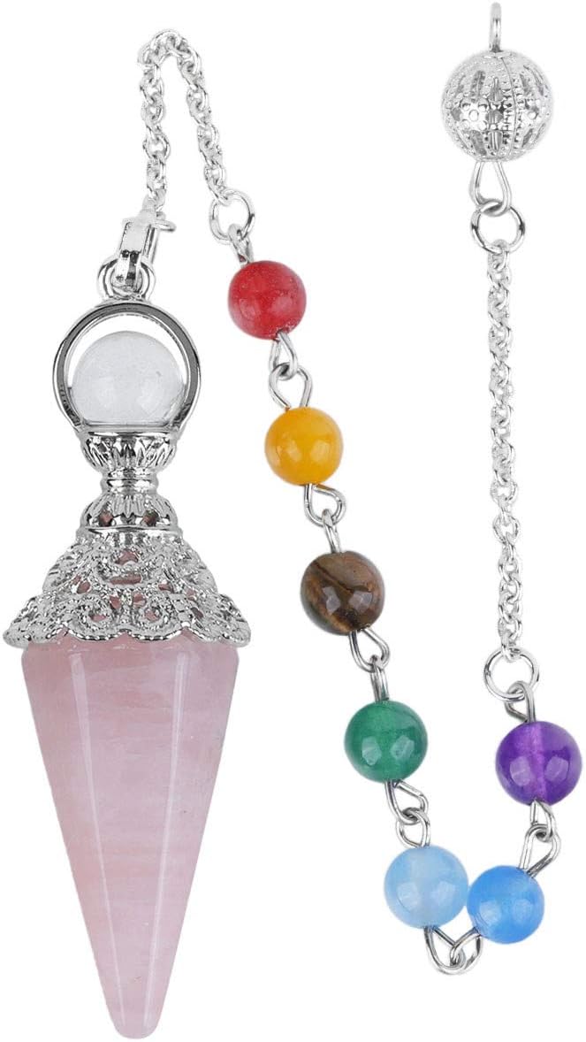 Rockcloud Natural Rose Quartz Crystal Pointed Pendulum with 7 Chakra Stone Beads Chain, 6 Facet Reiki Chakra Pendant for Divination Dowsing