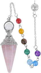 Rockcloud Natural Rose Quartz Crystal Pointed Pendulum with 7 Chakra Stone Beads Chain, 6 Facet Reiki Chakra Pendant for Divination Dowsing
