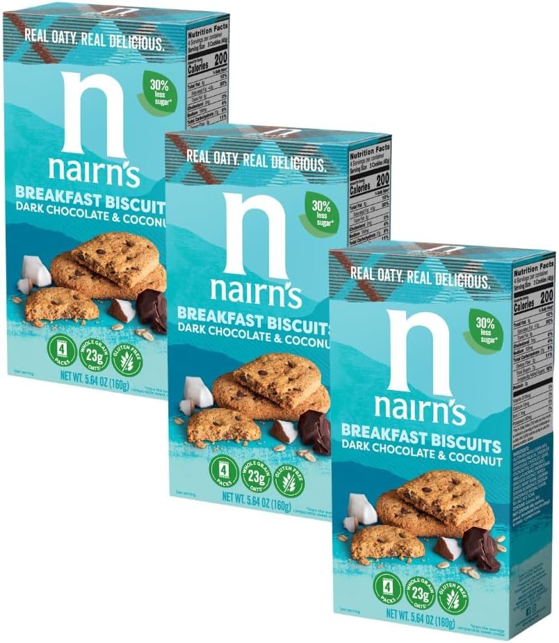 Nairn's Gluten-Free Chocolate & Coconut Breakfast Biscuits - Healthy, Tasty, High Fiber, Non-GMO, No Artificial Colors, Flavors, or Preservatives, Safe for Celiacs, 5.64oz (Pack of 3)