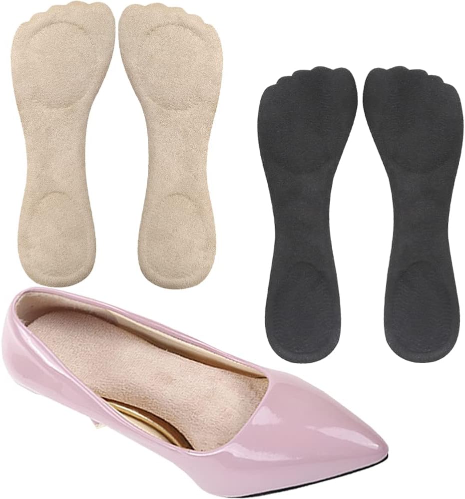 High Heel Inserts for Women - Adhesive Velvety Cushioning Insoles, Anti-Slip Gel Cushions for Pain Relief, Shoe Inserts for Dress Shoes, 2 Pairs, Beige+Black